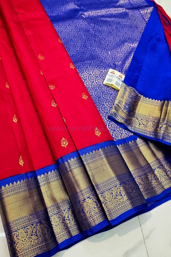 Red Kanjivaram Silk Saree with Blue Pallu and Korvai Border
