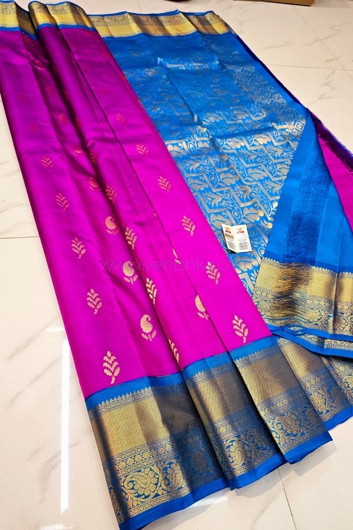 Royal Magenta & Azure Blue Kanjivaram Silk Saree with Gold Zari