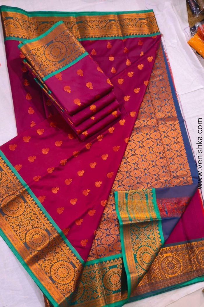 Kanchipuram Silk Saree_Magenta Pink with Teal Green Border and Biolet-Gold Pallu