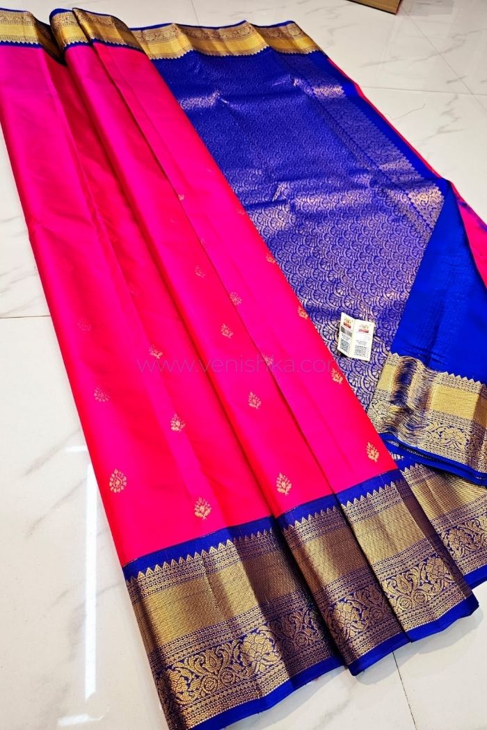Radiant Pink & Cobalt Blue Kanjivaram Silk Saree with Golden Zari