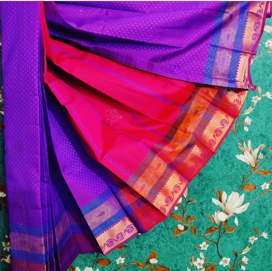 Silk Cotton Self Embossed With 1000 Stones Purple With Red - 3