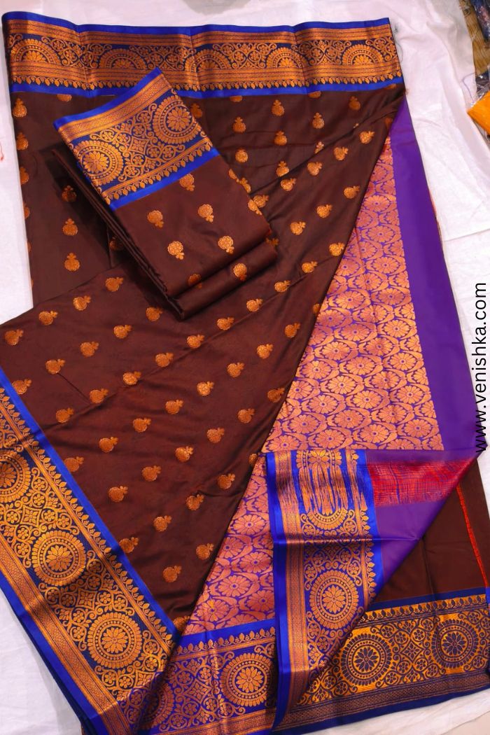 Kanchipuram Silk Saree_Coffee Brown with Royal Blue Border and Violet-Gold Pallu