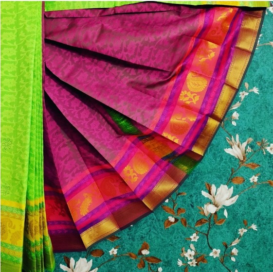 Silk Cotton Self Embossed With 1000 Stones Light Green With Maroon - 3
