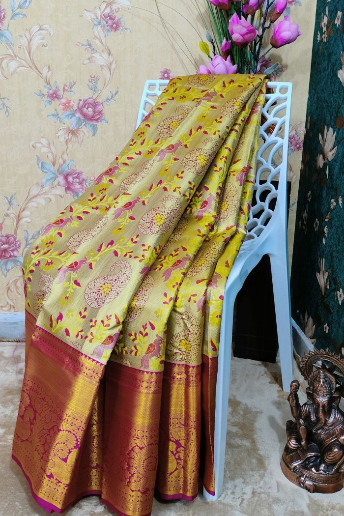 Kanjivaram Bridal Semi Silk Saree-Yellow & Pink