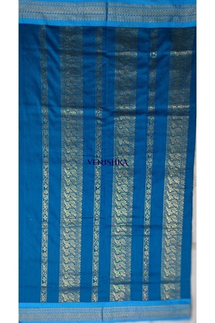 Kalyani Cotton Saree - Olive Green With Blue - 3