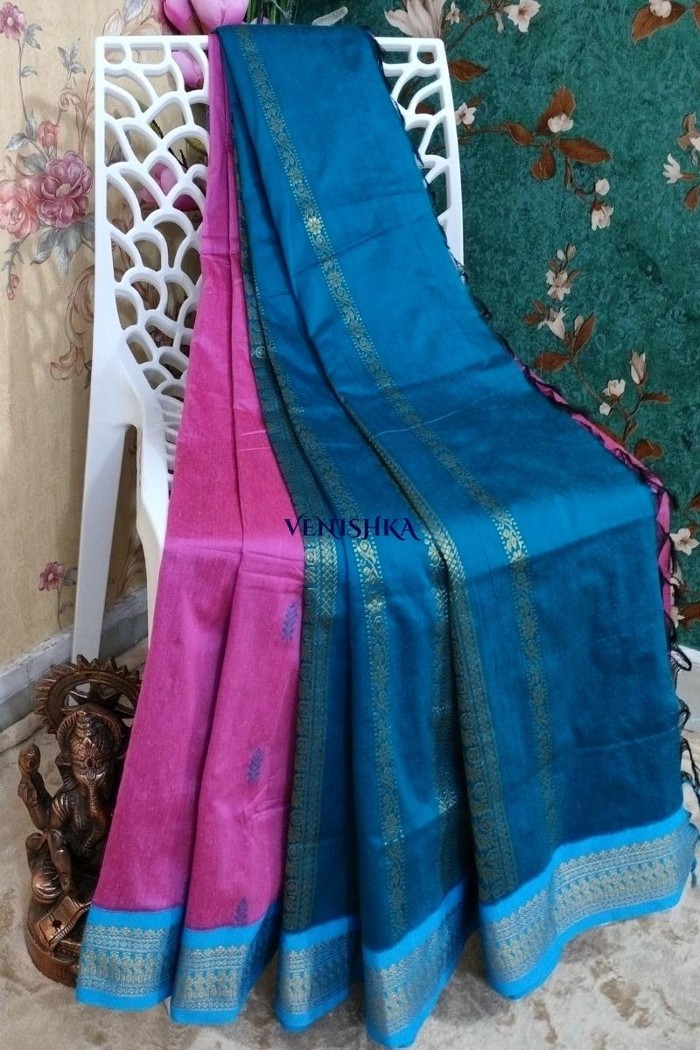 Kalyani Cotton Saree - Pink With Dark Blue
