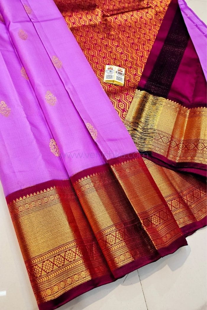 Graceful Lavender Kanjivaram Silk Saree with Maroon Pallu and Korvai Border