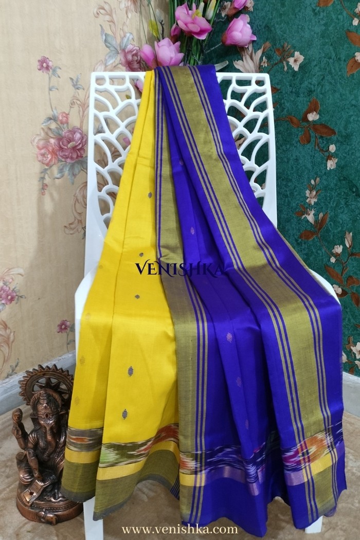 Uppada Silk With Pochampally Border - Yellow With Blue