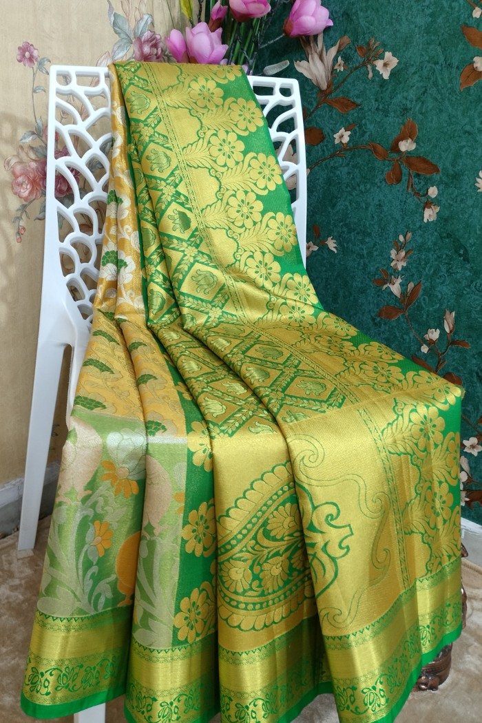 Kanjivaram Bridal Semi Silk Saree-Golden Yellow & Green