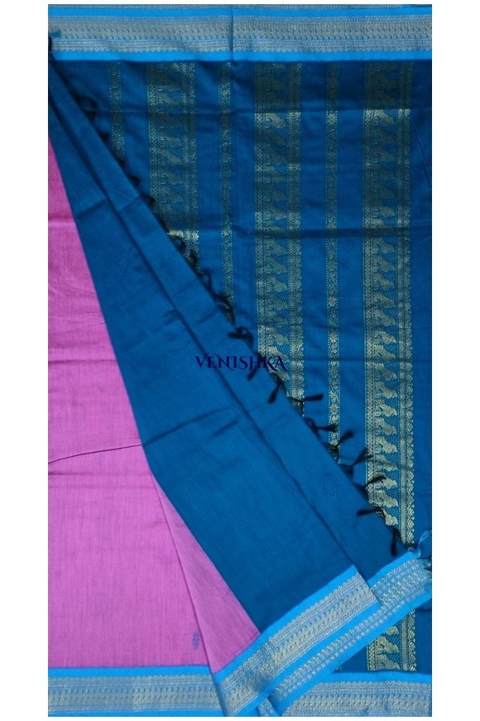 Kalyani Cotton Saree - Pink With Dark Blue