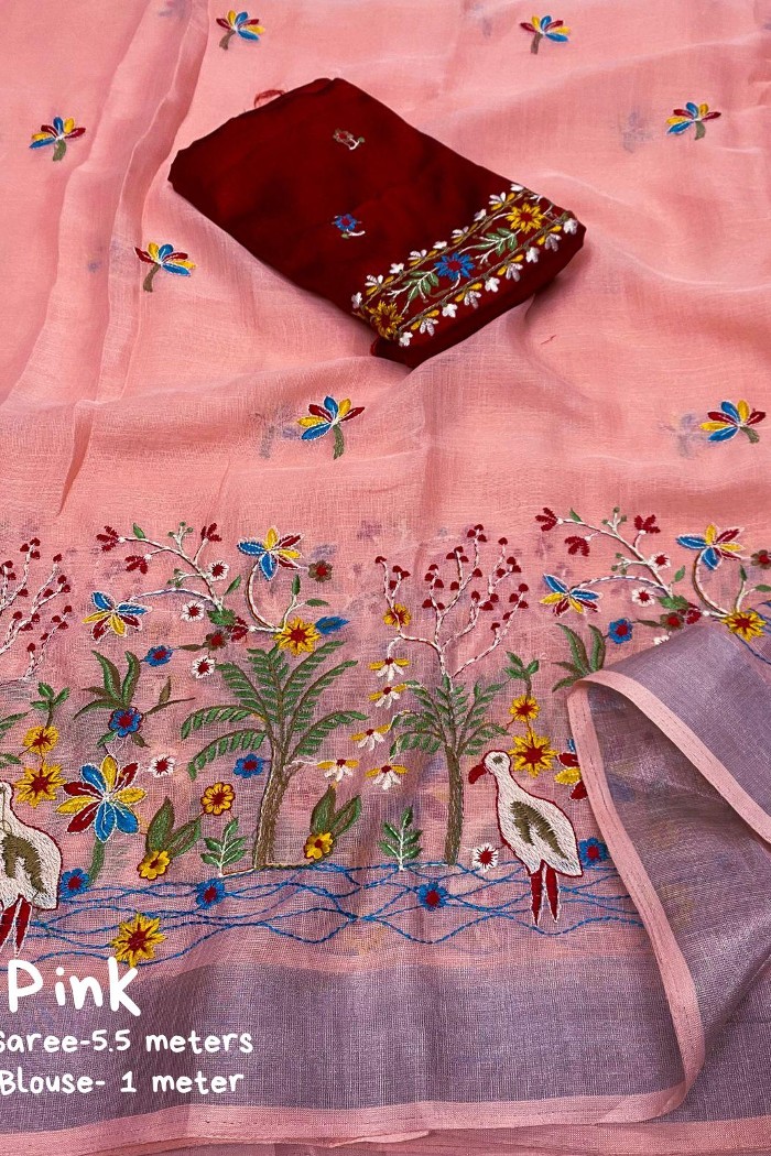 Linen Saree with All Over Embroidery Quiet Pink - 5