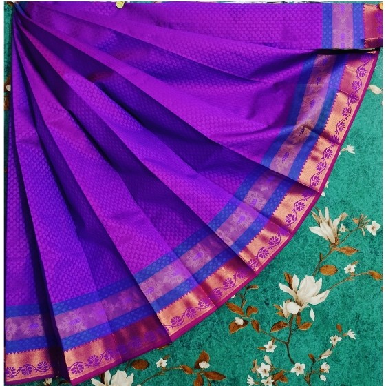Silk Cotton Self Embossed With 1000 Stones Purple With Red