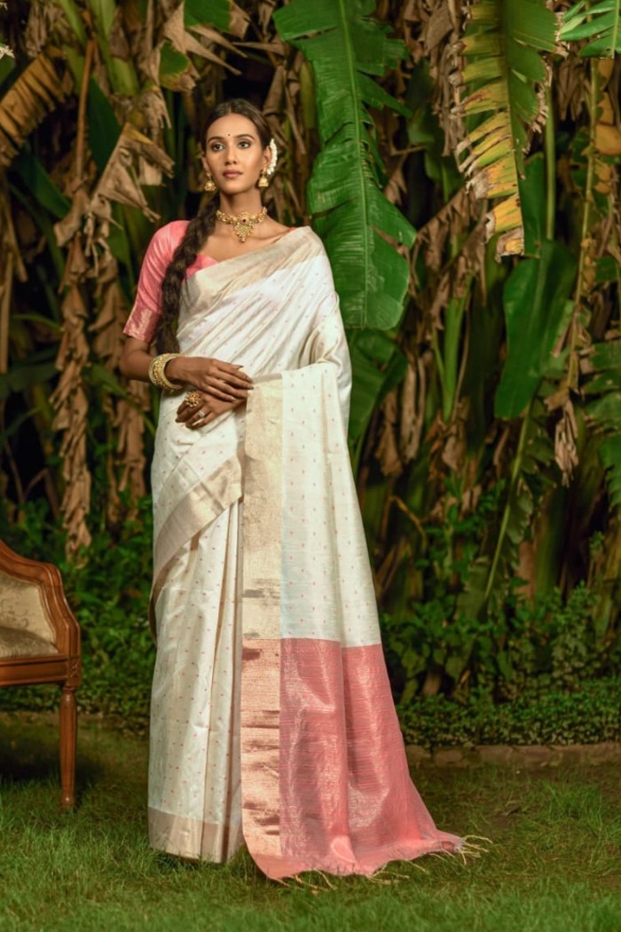 Bhagalpuri Silk Saree White And Peach