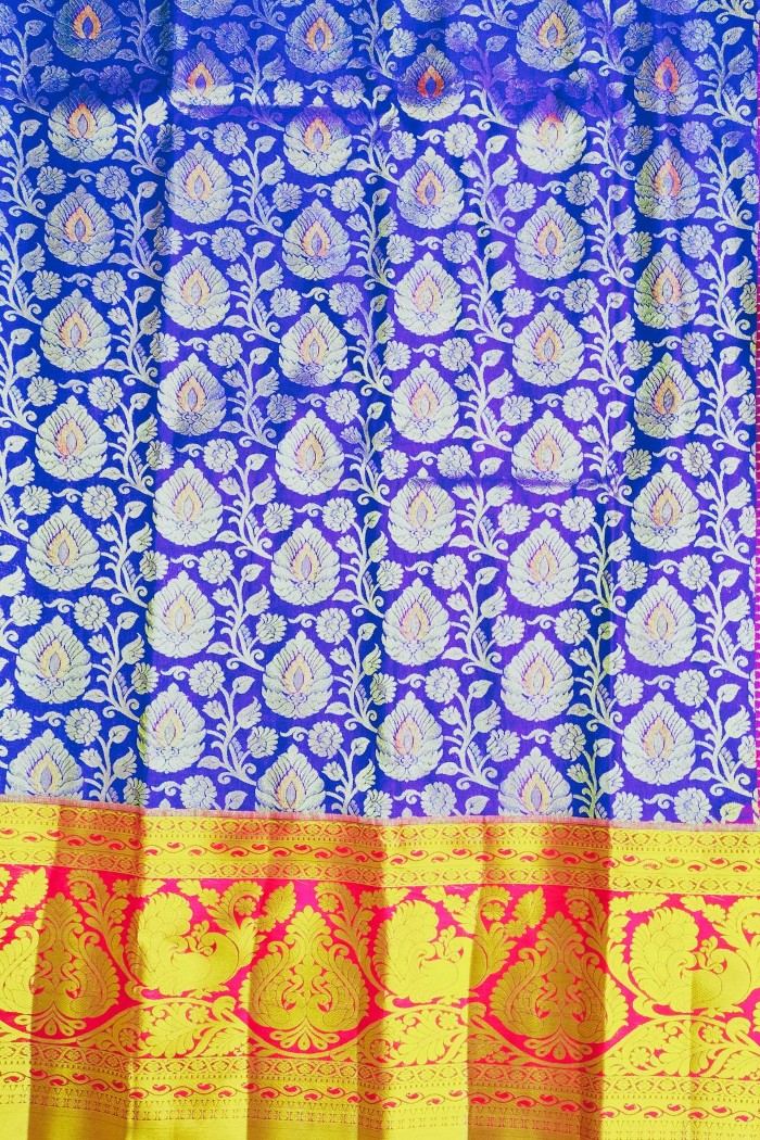 Kanjivaram Bridal Semi Silk Saree-Indigo Blue & Dark Pink - 4