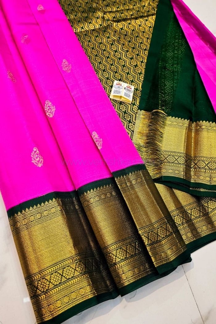 Vivid Pink Kanjivaram Silk Saree with Green Pallu and Korvai Border
