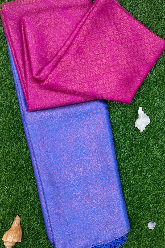 Mysore Silk Saree Dark Pink With Blue Shades - 3