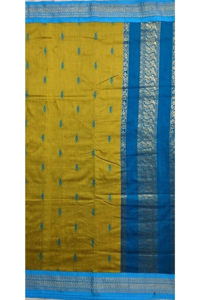 Kalyani Cotton Saree - Olive Green With Blue - 4