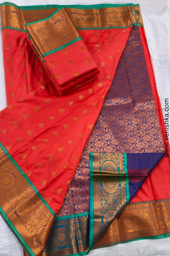 Kanchipuram Silk Saree_Crimson Red with Teal Green Border and Roiolet-Gold Pallu