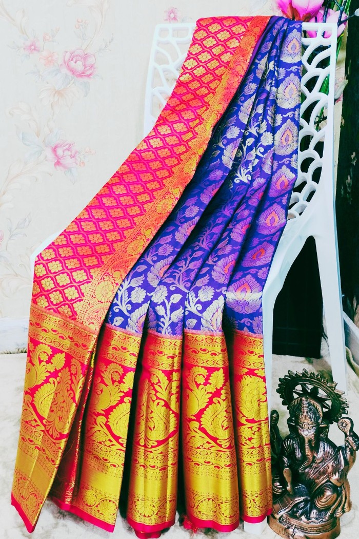Kanjivaram Bridal Semi Silk Saree-Indigo Blue & Dark Pink