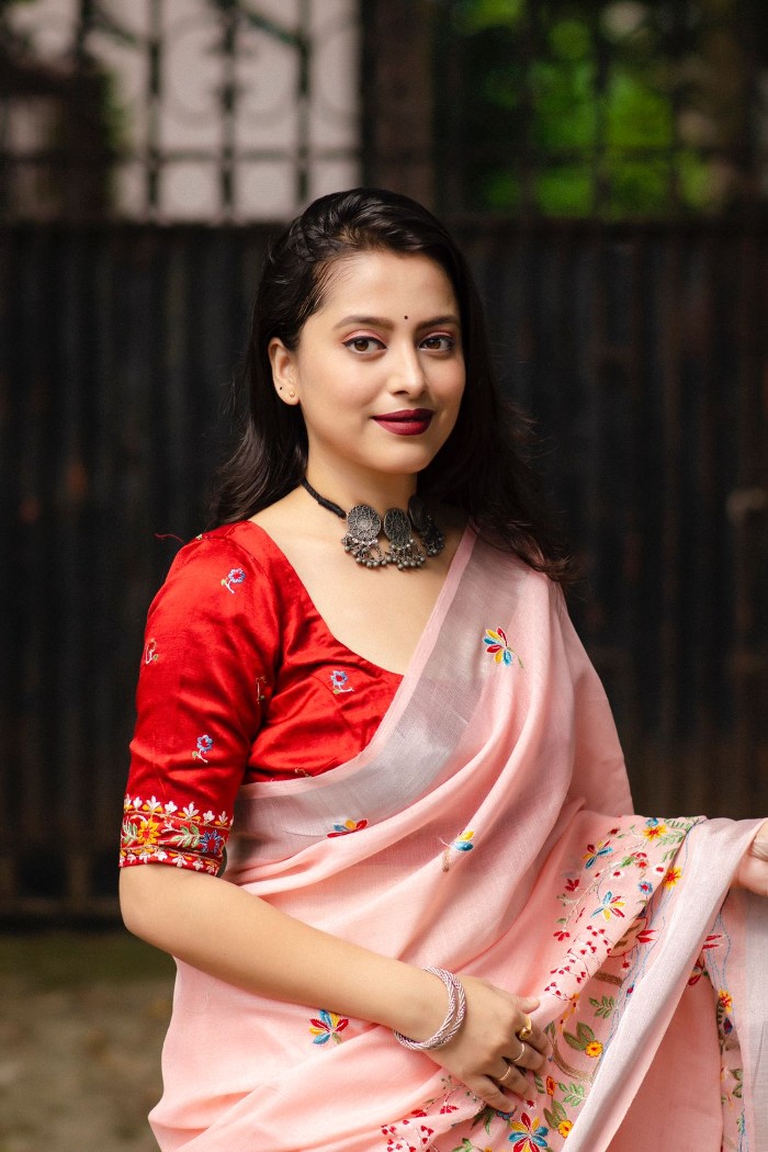 Linen Saree with All Over Embroidery Quiet Pink