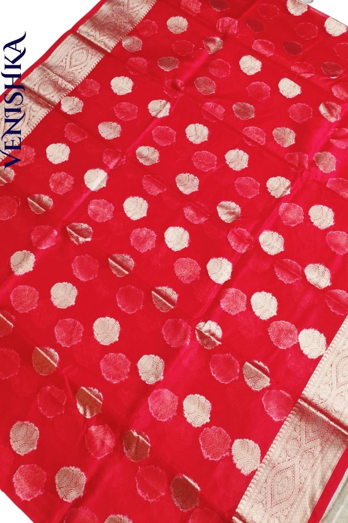 Handloom Kora Organza Fancy Saree Red