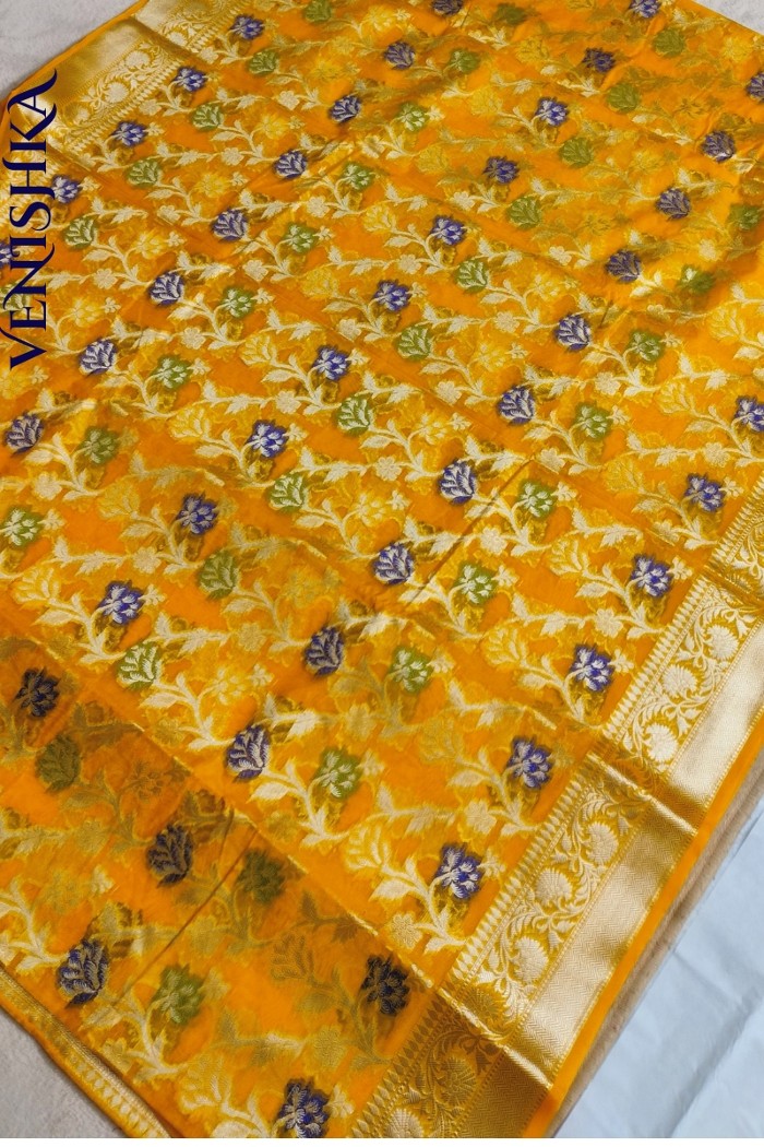 Handloom Semi Georgette Fancy Saree Yellow - 4