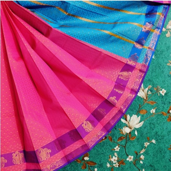 Silk Cotton Self Embossed With 1000 Stones Pink With Blue - 3