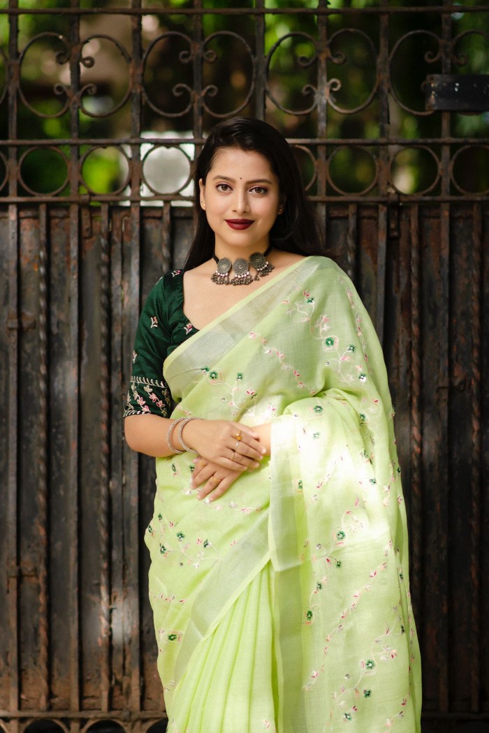 Linen Saree with All Over Embroidery Lily Green
