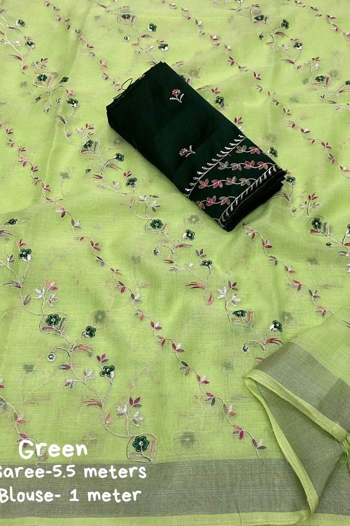 Linen Saree with All Over Embroidery Lily Green - 4
