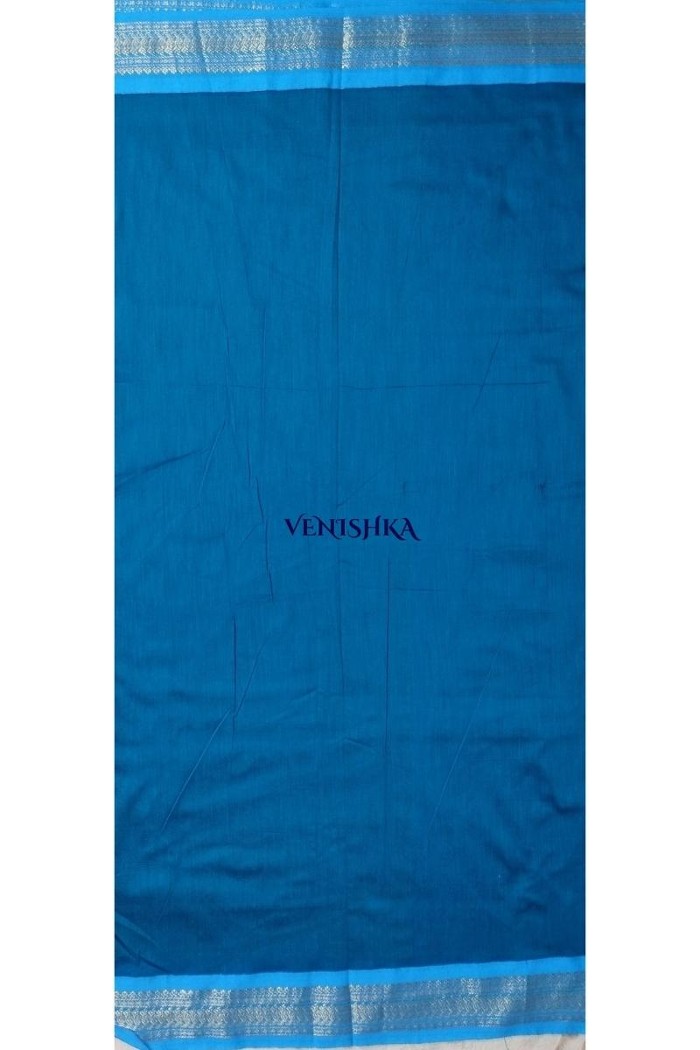 Kalyani Cotton Saree - Olive Green With Blue - 5