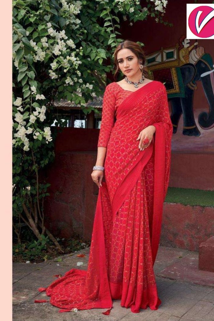 Pure Georgette with Jacquard Border Red