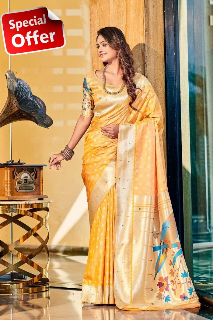 Pure Paithani Silk Designer Saree-Yellow