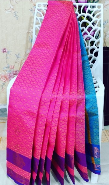 Silk Cotton Self Embossed With 1000 Stones Pink With Blue