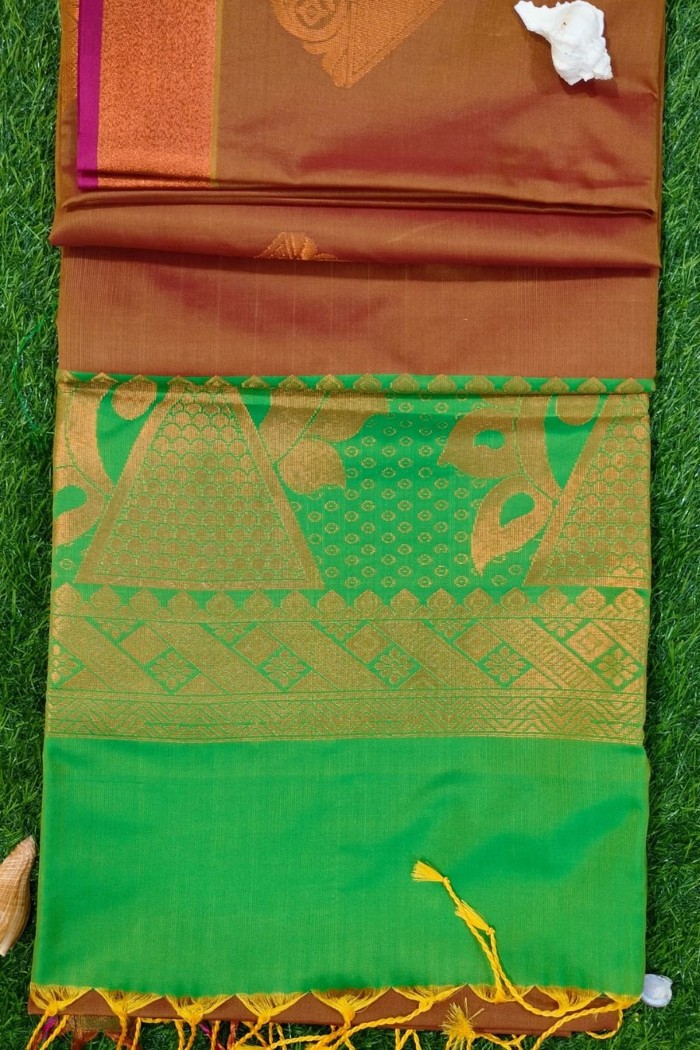 Fancy Soft Silk Saree Brown With Green - 3