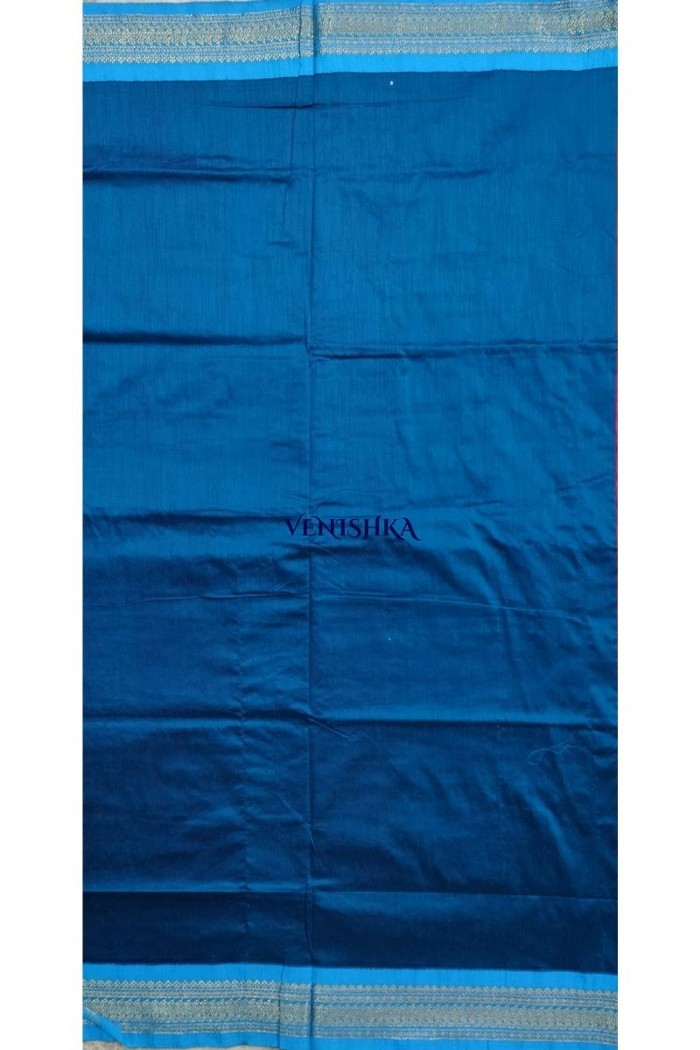 Kalyani Cotton Saree - Fiery Rose With Dark Blue - 4