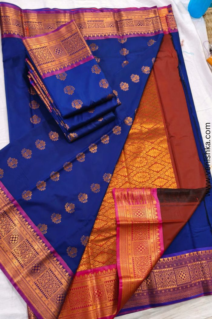 Kanchipuram Silk Saree_Royal Blue with Magenta Border and Copperiolet-Gold Pallu