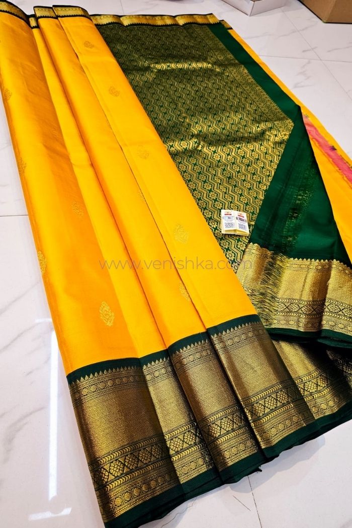 Radiant Yellow Kanjivaram Silk Saree with Green Pallu and Korvai Border