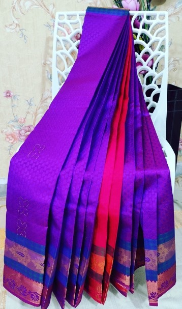 Silk Cotton Self Embossed With 1000 Stones Purple With Red