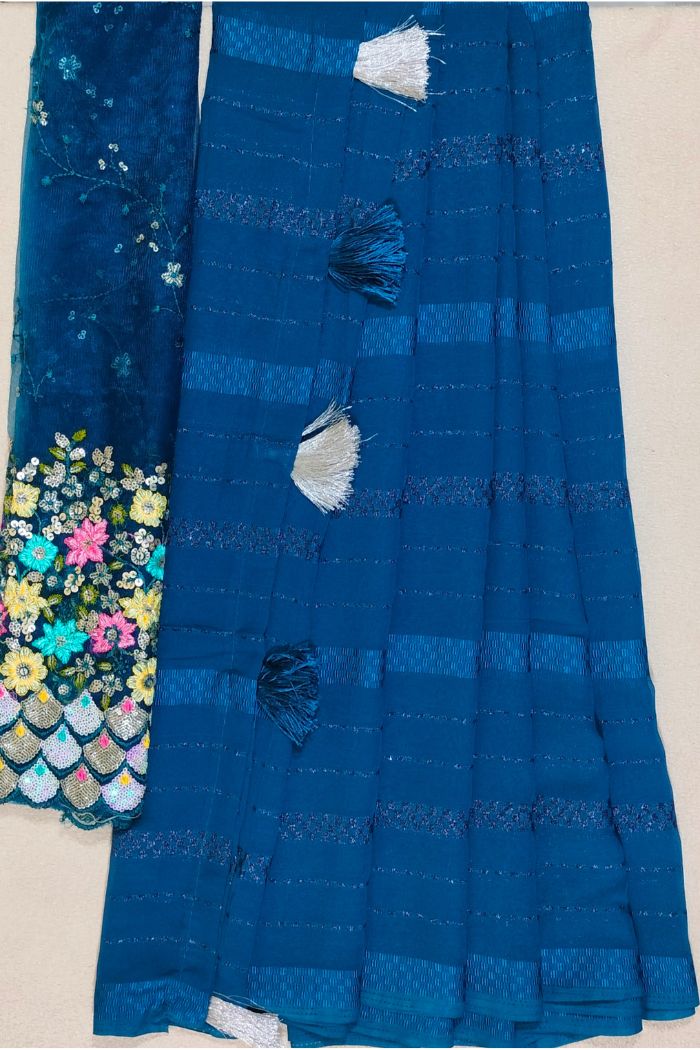 Dola Semi Silk Blue Saree Embroidered Border