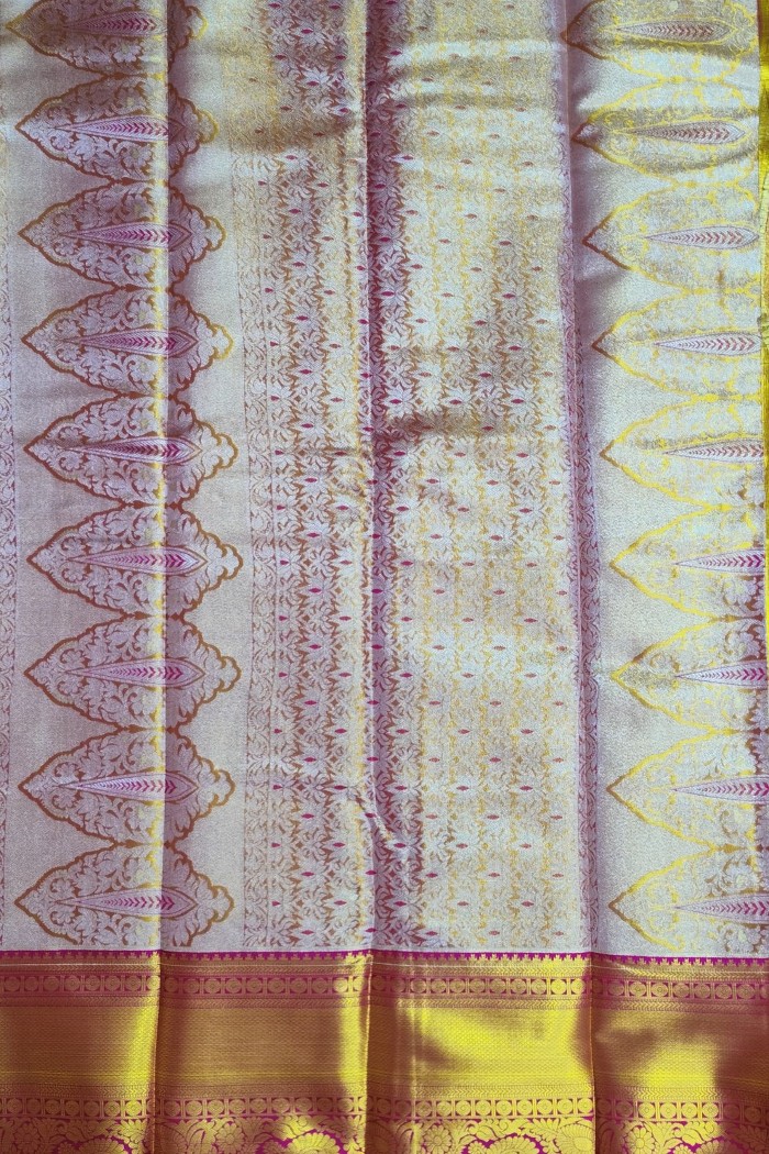 Kanjivaram Bridal Semi Silk Saree-Yellow & Pink - 6
