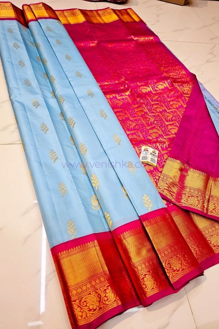 Sky Blue Kanjivaram Silk Saree with Magenta Pallu and Korvai Border