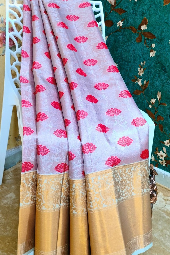 Kanjivaram Bridal Semi Silk Saree-Silver With Copper