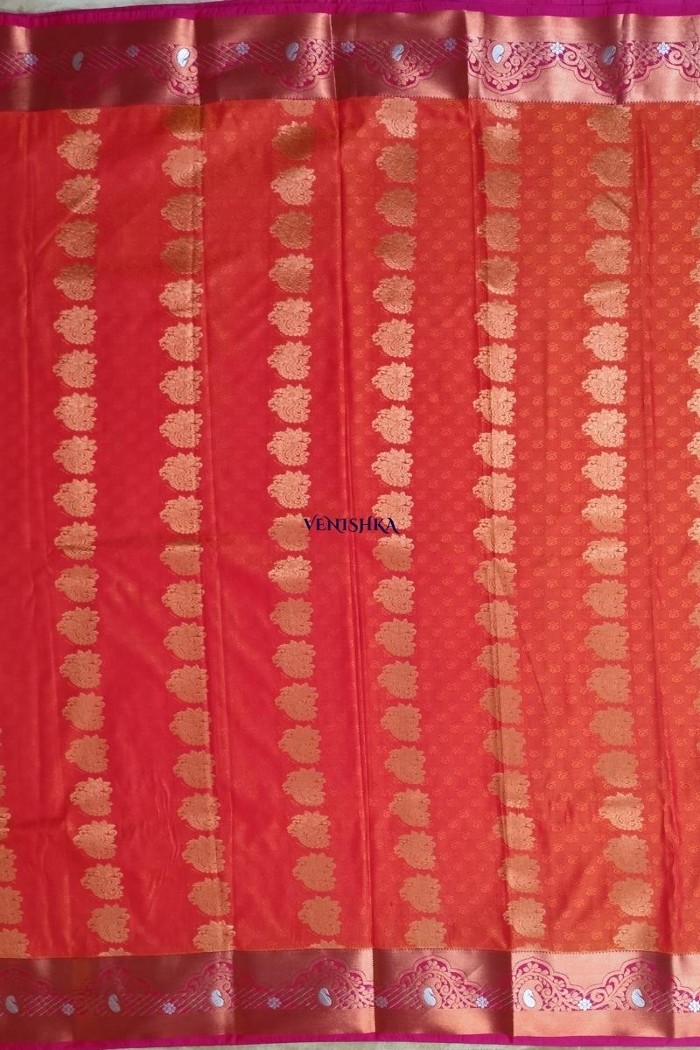 Kanjivaram Blended Silk Saree-Orange - 4