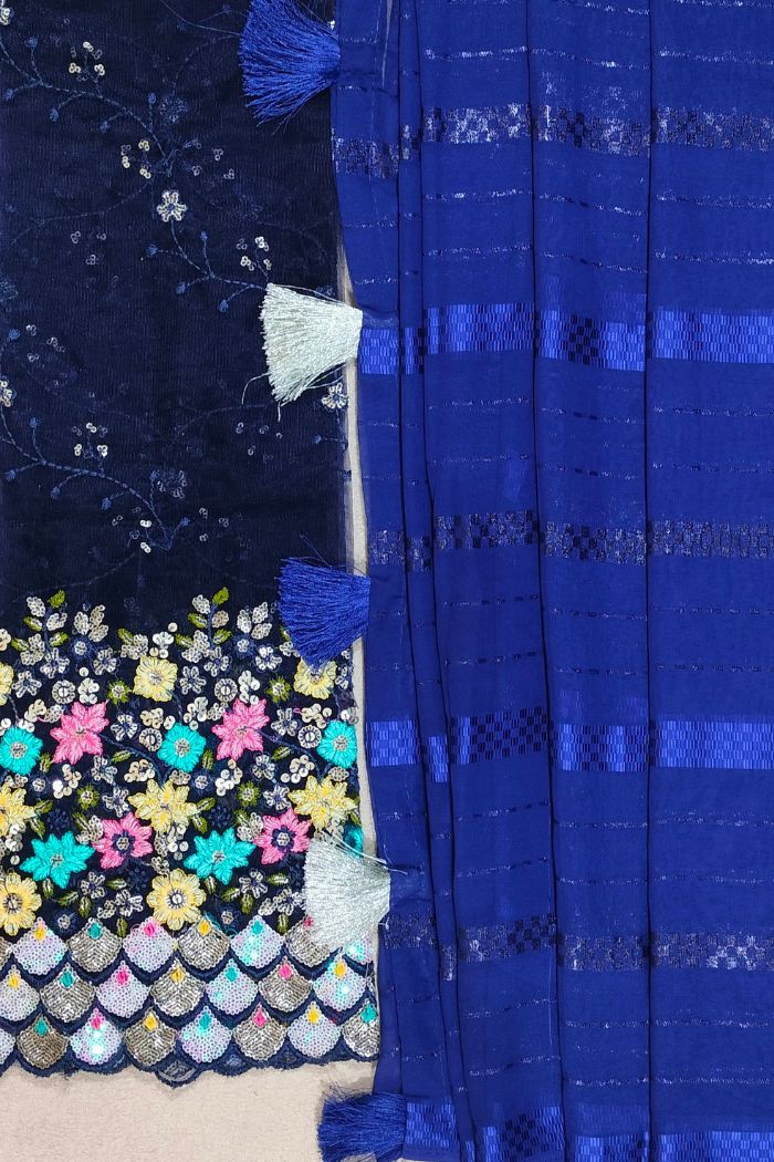 Dola Semi Silk Dark Blue Saree Embroidered Border
