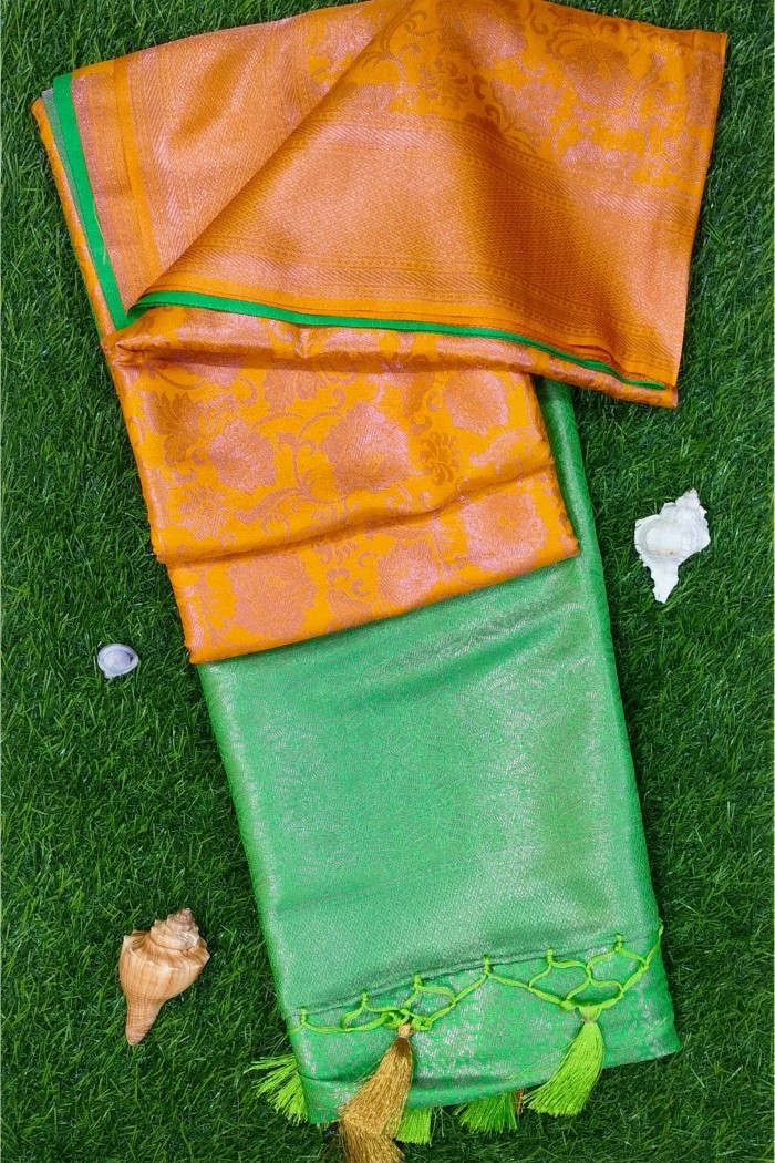 Mysore Silk Saree Orange With Green Shades - 3