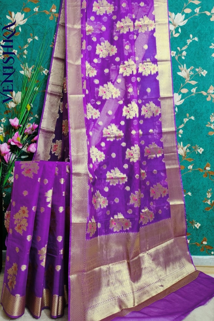 Handloom Semi Georgette Fancy Saree Purple