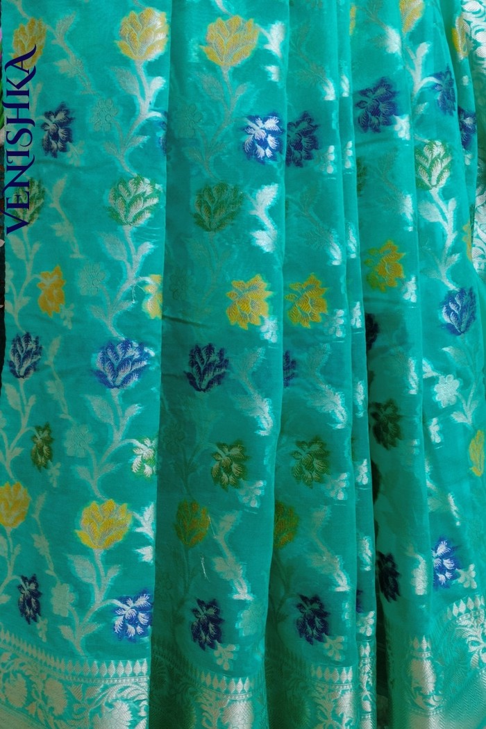 Handloom Semi Georgette Fancy Saree Green