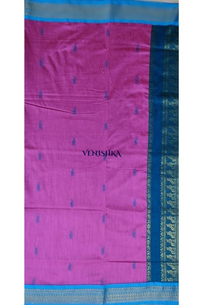 Kalyani Cotton Saree - Pink With Blue - 4
