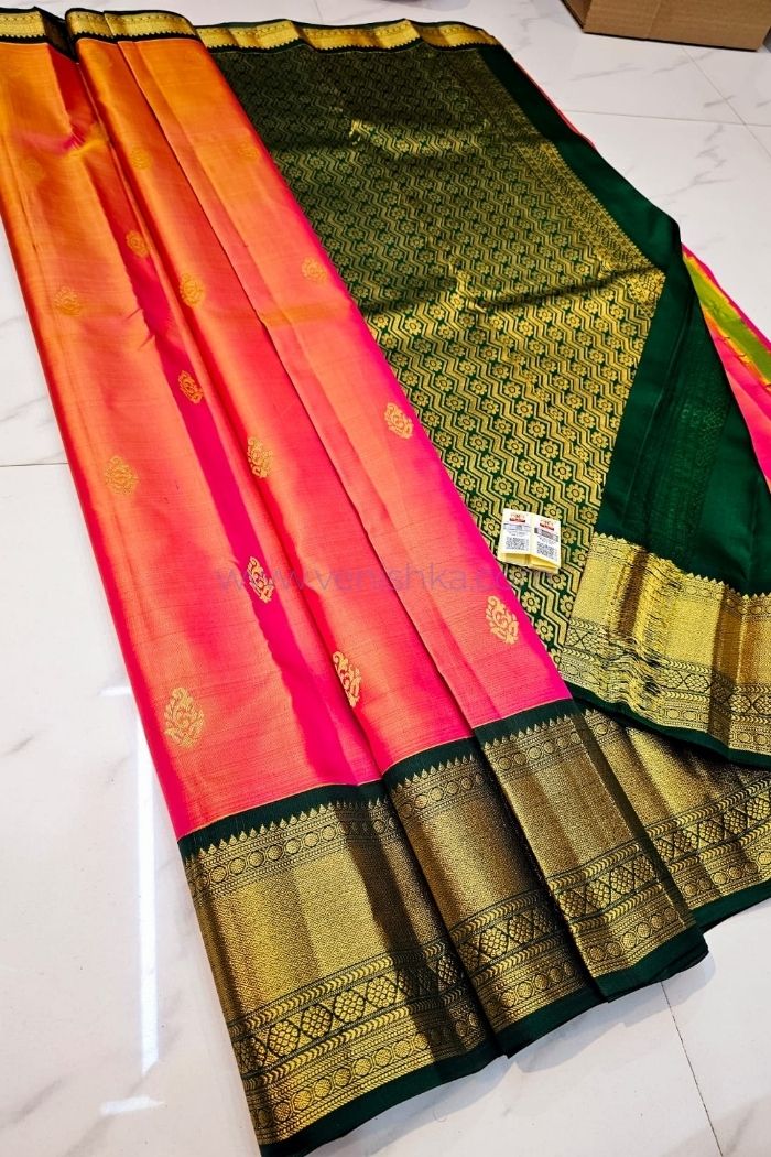 Peach and Pink Kanjivaram Silk Saree with Green Pallu and Korvai Border