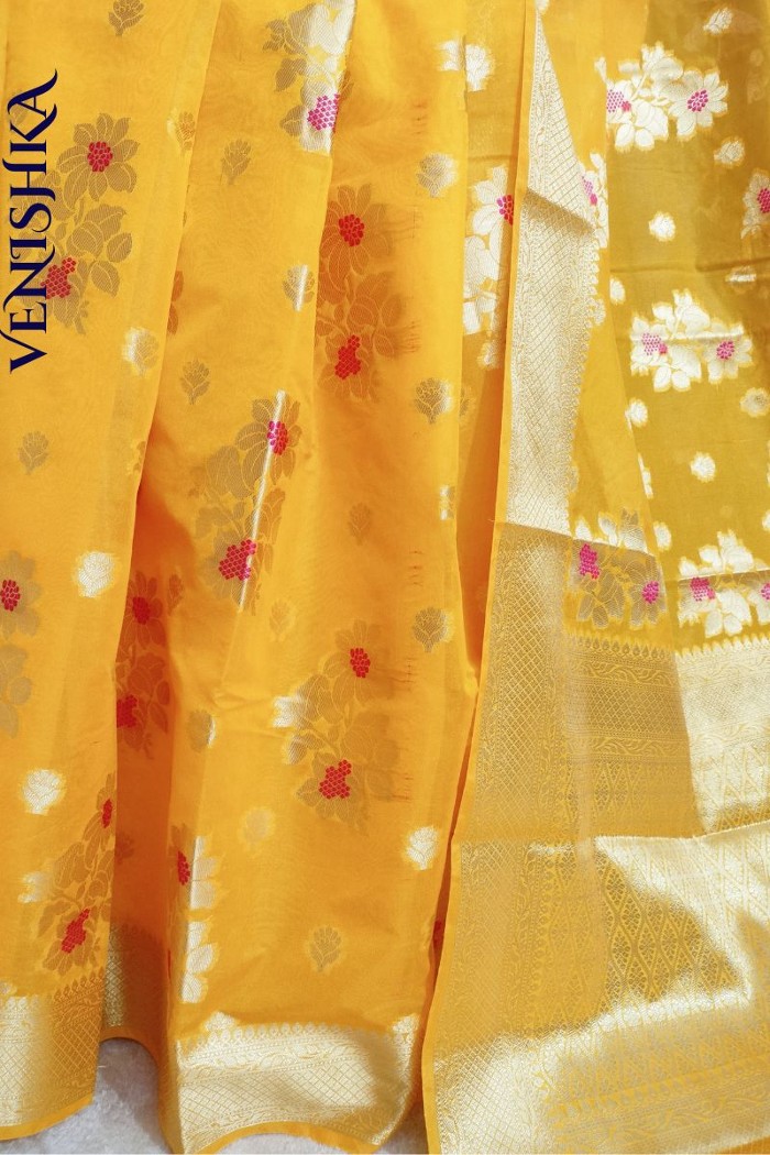 Handloom Semi Georgette Fancy Saree Yellow - 3